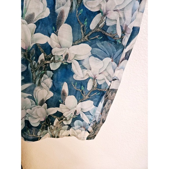 Chinese Style Long Dress with Magnolia Flower Print Blue Size Large High Neck - Picture 3 of 11